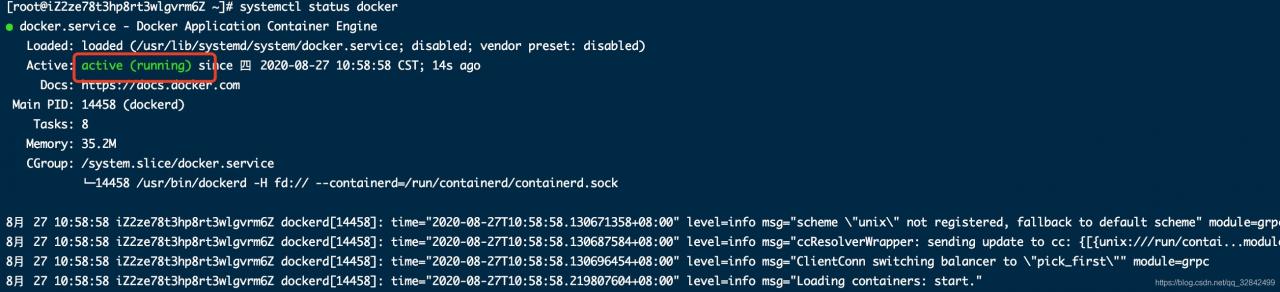 看到running表示docker已安装成功