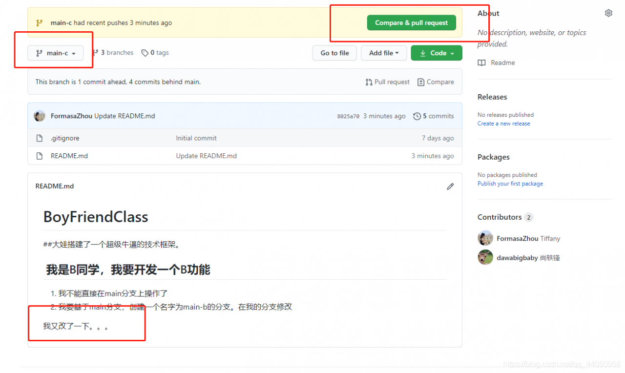 compare & pull request，可以对上次的修改作出评论发送，或者校验无误之后同意分支的修改
