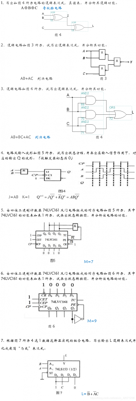 写出如图4所示电路的逻辑表达式、真值表，并分析其逻辑功能。  奇校验电路                             图42．逻辑电路如图3所示，试写出逻辑表达式，并分析其功能。AB+AC  判决电路                        图33. 逻辑电路如图4所示，试写出逻辑表达式，并分析其功能。AB+BC+AC  判决电路                       图417. 电路及输入波形如图5所示， 试写出状态方程，并画出在输入信号作用下， 对应的输出Q的波形。（设触发器初态为0）J=AB  K=1  