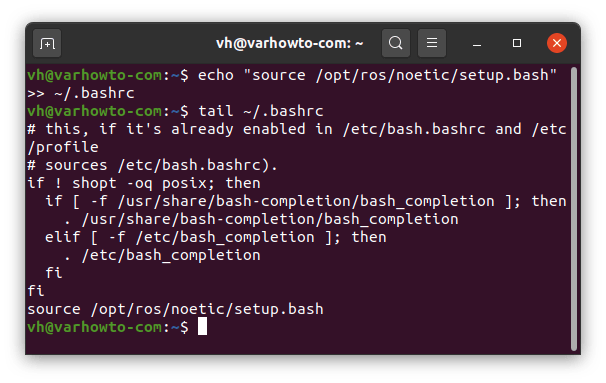 在 Ubuntu 20.04 上设置 ROS Noetic 环境：在 .bashrc 文件中添加 source ros noetic setup.bash 文件
