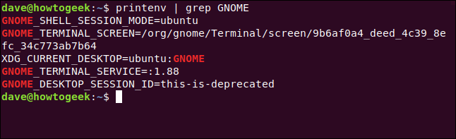 printenv | grep GNOME in a terminal window.