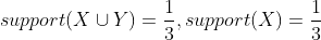 support(X\cup Y)=\frac{1}{3},support(X)=\frac{1}{3}