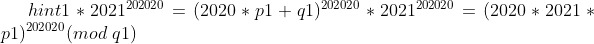 hint1*2021^{202020}=(2020 * p1 + q1)^{202020}*2021^{202020}=(2020*2021*p1)^{202020}(mod\ q1)